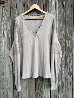 We The Free Taupe Waffle V-Neck Button-Detail Top